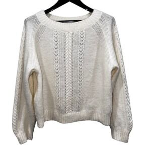 J Crew Point Sur Pointelle‎ Cream Cable Knit Lace Detail Crew Sweater Women XL
